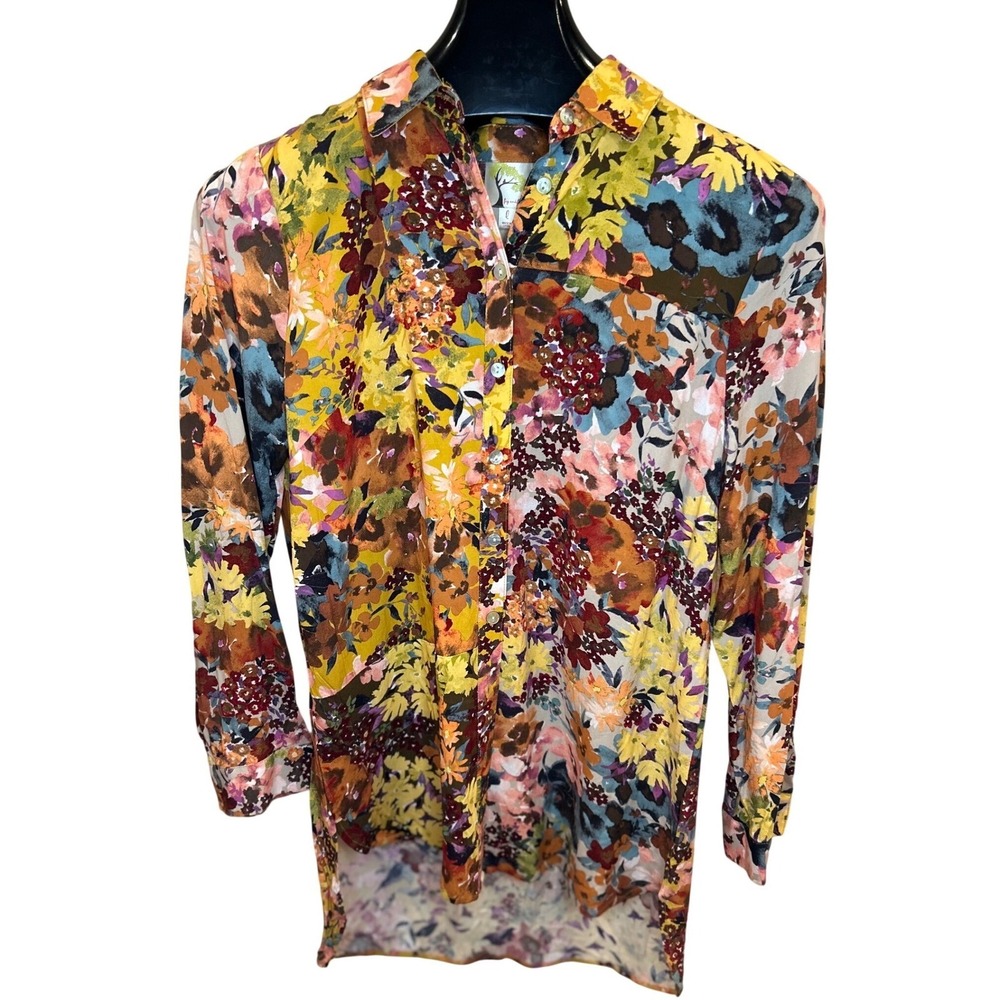 Fig and Flower Womens Floral Button Down Shirt Yellow Multi Rayon High Low L